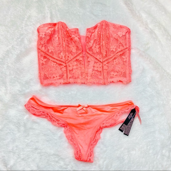 NWT Victoria’s Secret Orange Lace Bustier Longline Bra & Strappy Panties Set - Picture 4 of 15